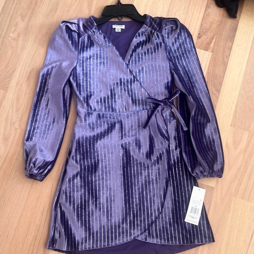 Habitual girls, purple velvet with silver pinstripes dress. Faux wrap size 10